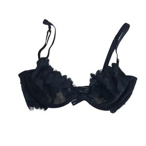 Victoria's Secret Black Floral Lace Unlined Plunge Bra 34D Underwire Mesh